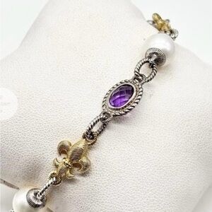 Judith Ripka Sterling Silver Amethyst & Pearl Fleur-de-lis Bracelet 7" ~ 14.3 g